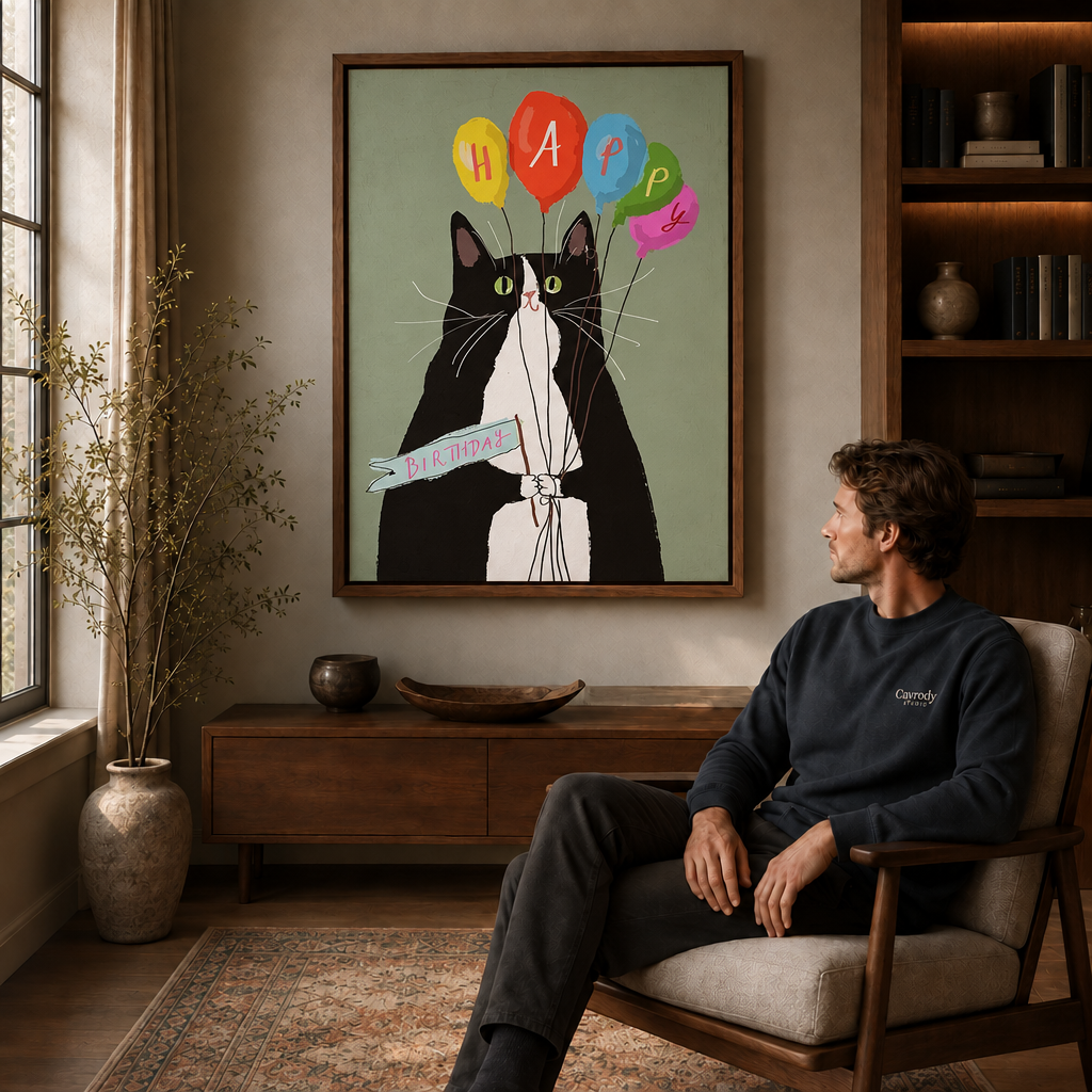 walnut-framed birthday cat wall art featuring a tuxedo cat beneath five bright balloons.