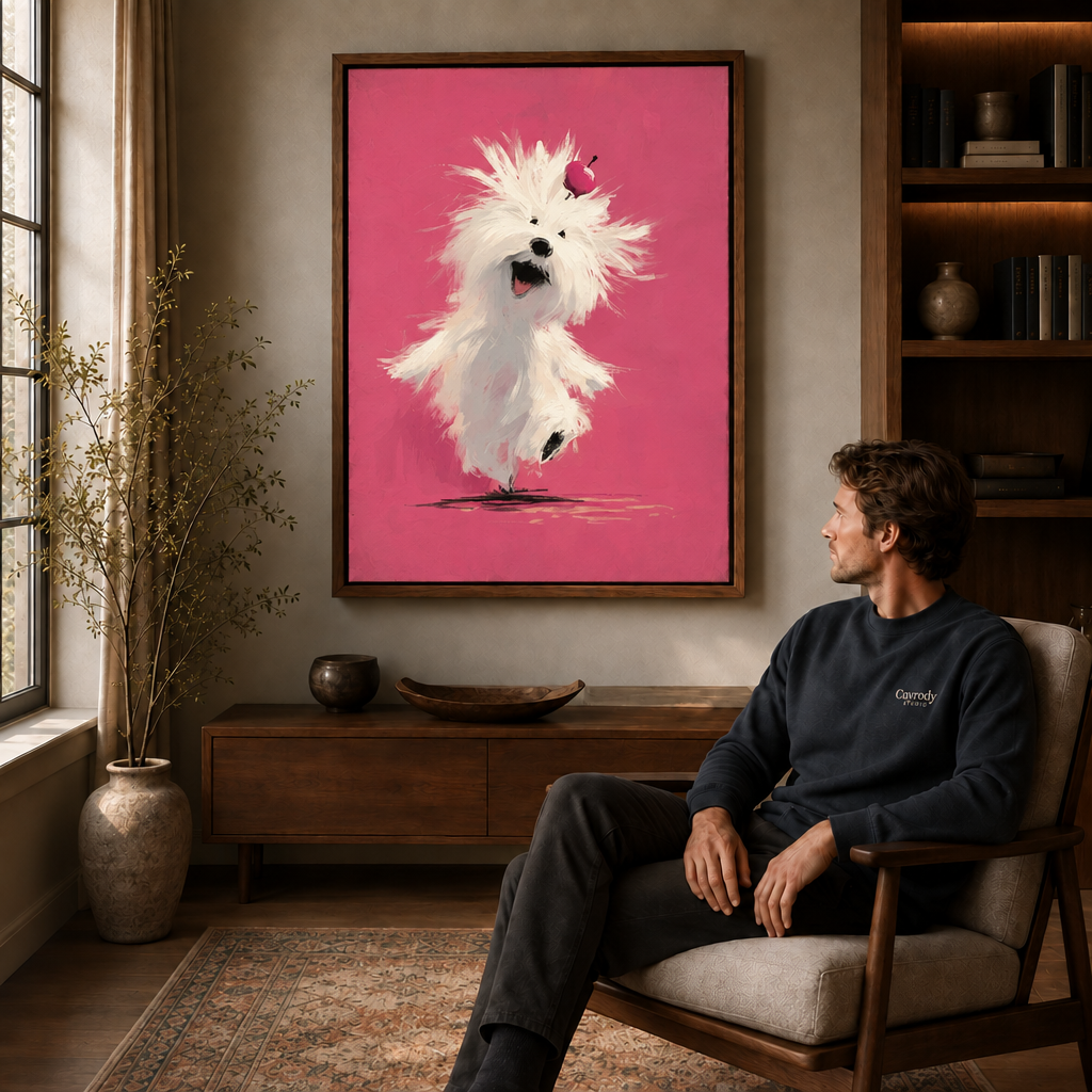 A seated man admires fluffy white dog wall art against a bright pink background in a wood frame.