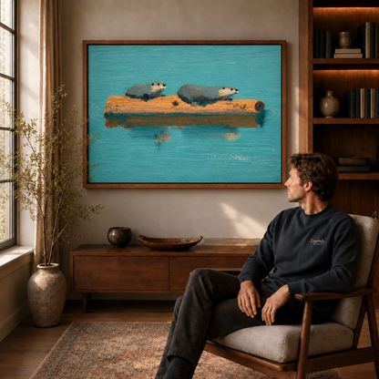 Man seated in an armchair beside the otter painting in a deep walnut floating frame
