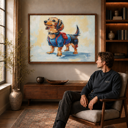 Man seated in an armchair beside the dachshund painting in a deep walnut floating frame