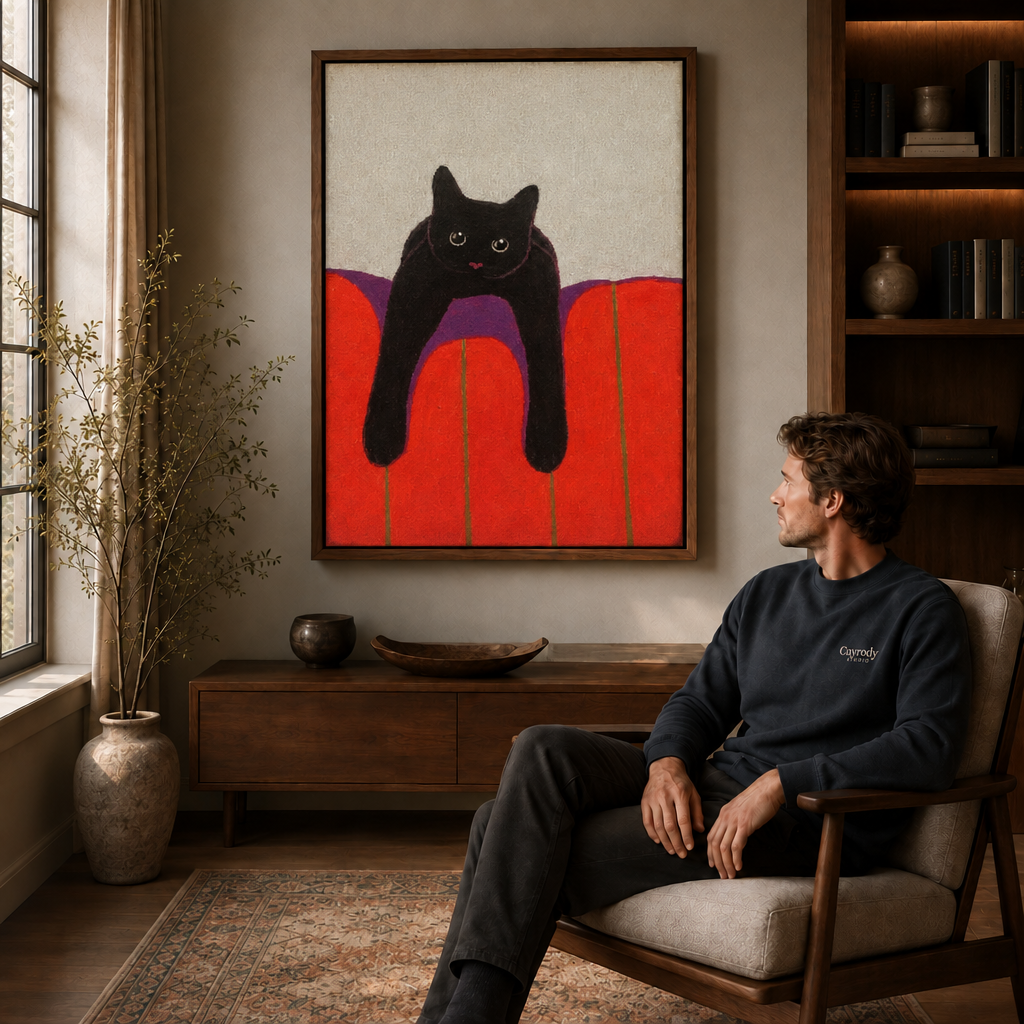 Man seated in a chair looking at black cat canvas wall art in a wooden frame, warm living room.