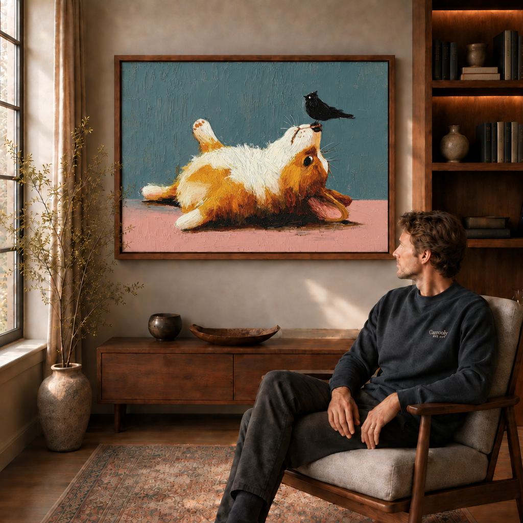 Man in dark sweater seated in an armchair viewing corgi canvas wall art in a dark walnut floating frame.