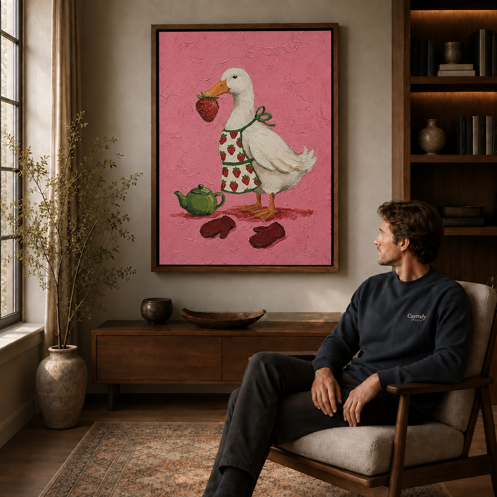 Duck with strawberry canvas wall art in a wooden frame, warm living room.