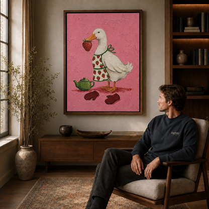 Duck with strawberry canvas wall art in a wooden frame, warm living room.