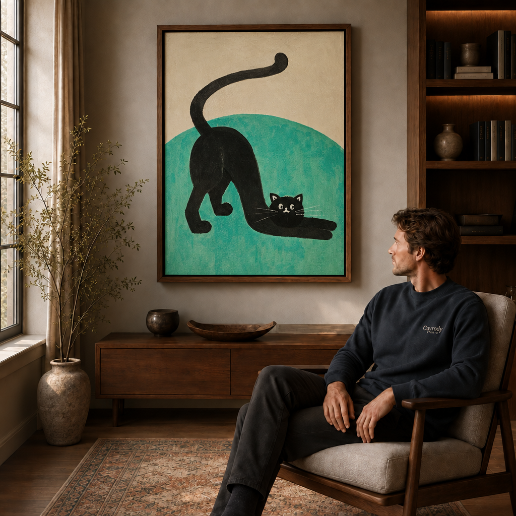 a framed black cat canvas wall art in a warm living room.