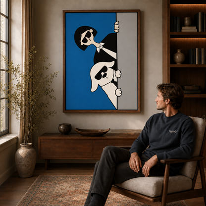 a framed pop art canvas of a woman and dog in sunglasses on a blue ground.