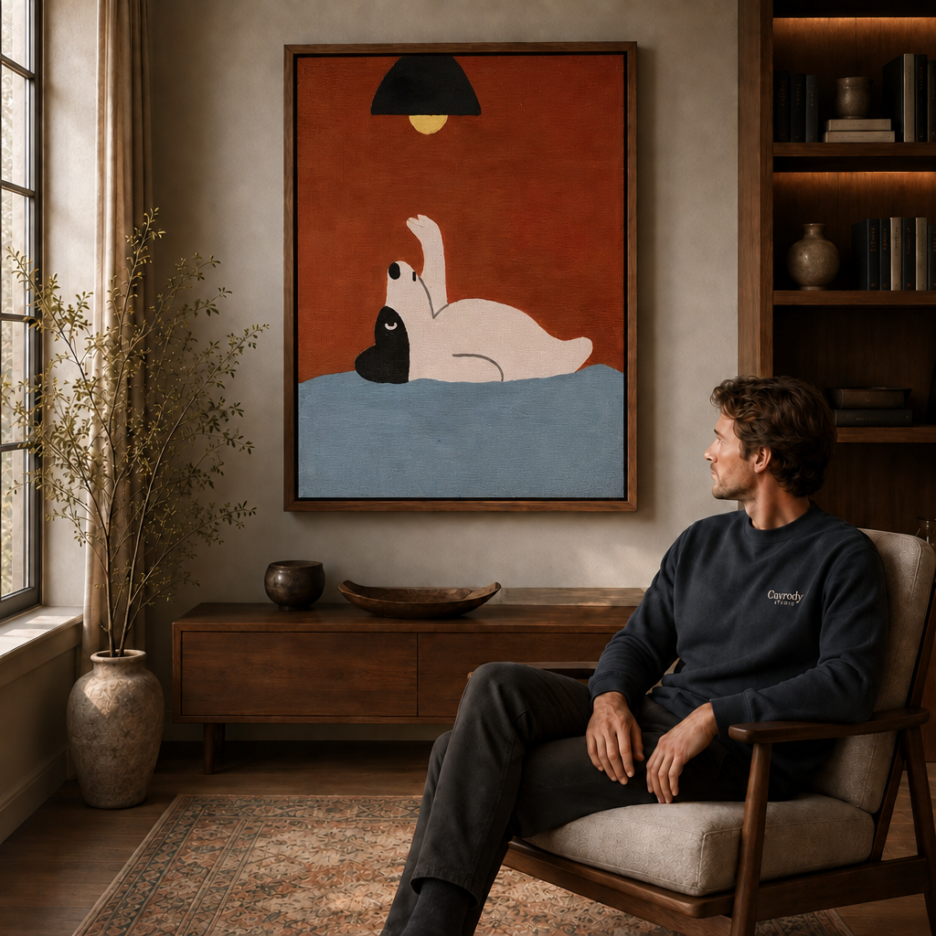 a framed playful dog canvas wall art in a warm living room.