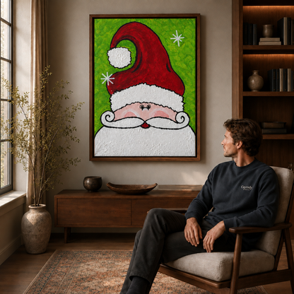 A seated man views the Santa portrait in a walnut frame, showing the red hat and green snowflake artwork.