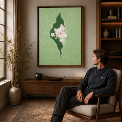 A man admires playful cat canvas wall art above a wooden console in a warm living room.