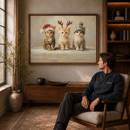 A man in a wooden armchair beside a walnut-framed canvas of three kittens in Christmas hats.