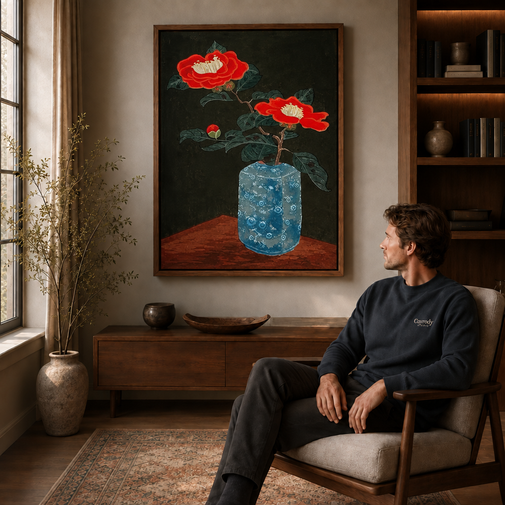Red camellia canvas wall art in a wooden frame, warm living room.