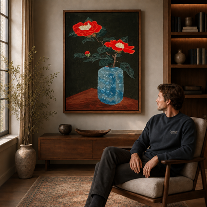 Red camellia canvas wall art in a wooden frame, warm living room.