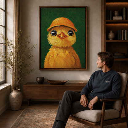 Golden chick wall art above a wood console in a warm living room with a seated viewer.