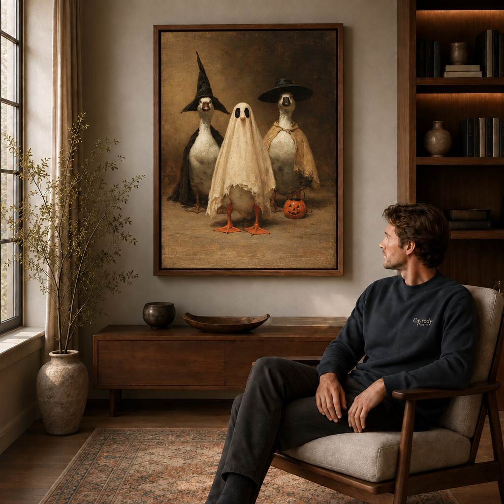 Cute Halloween duck artwork on canvas with whimsical seasonal character and color.