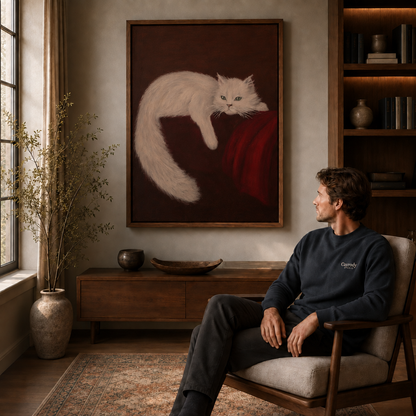 a framed white cat canvas wall art in a warm living room.
