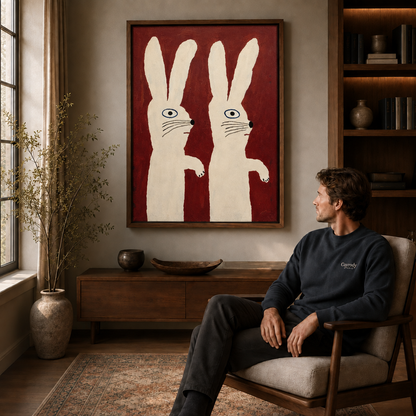 a framed white rabbit canvas wall art in a warm living room.