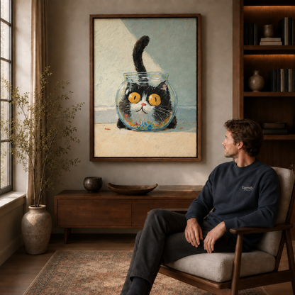 A seated man admires whimsical tuxedo cat art inside a glass bowl above a wood console.