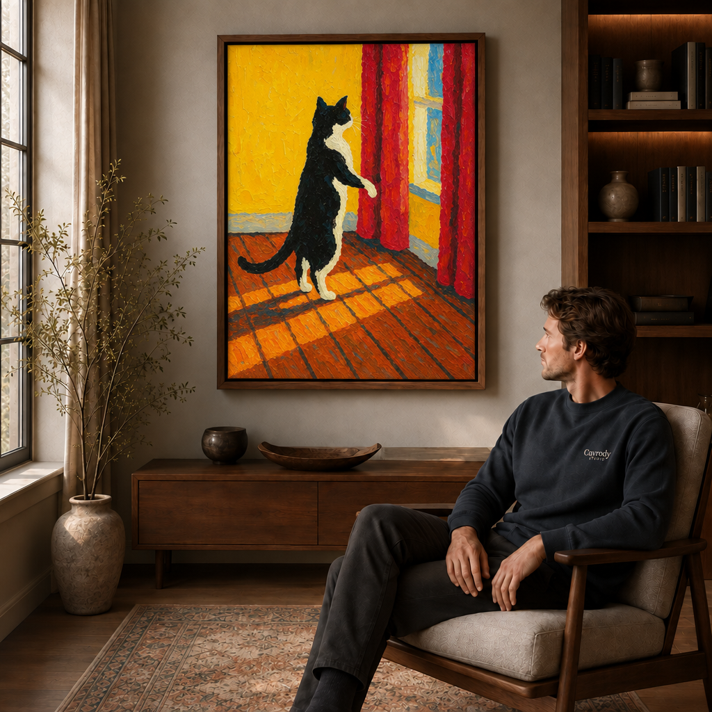 Whimsical cat artwork presented as canvas wall decor.