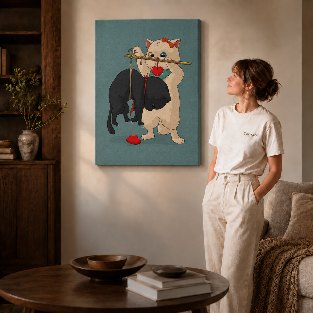 wrap whimsical cat canvas leaning against a living room wall