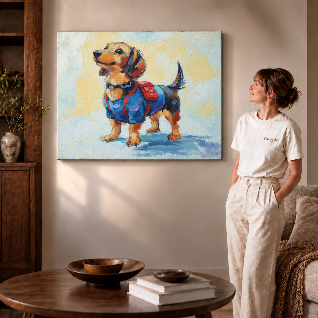 Woman in a cream T-shirt beside the gallery-wrapped dachshund canvas with no frame in a warm living room