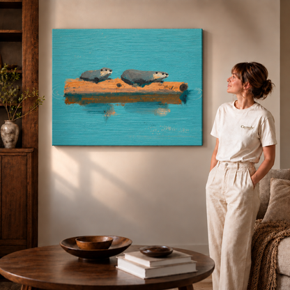 Woman in a cream T-shirt beside the gallery-wrapped otter canvas with no frame in a warm living room