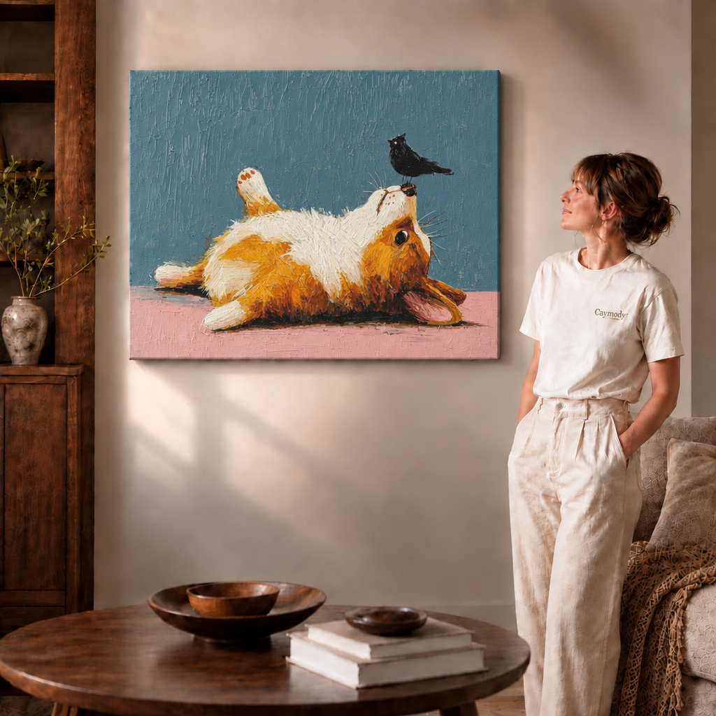 Woman in cream T-shirt beside a gallery-wrapped frameless corgi canvas wall art in a sunlit cozy living room.