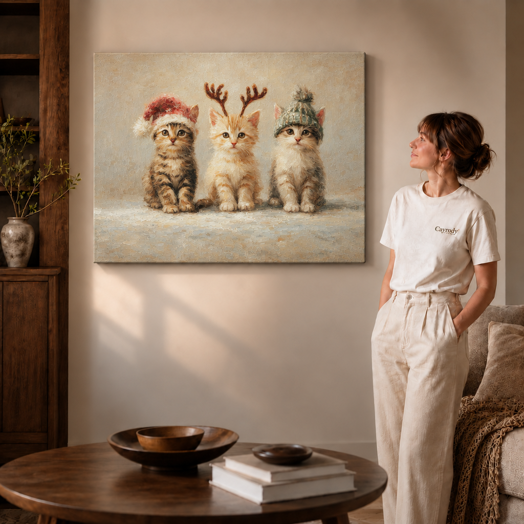 米白T恤女士、无框画布 A woman in a cream T-shirt beside a gallery-wrapped canvas of three kittens in Christmas hats.