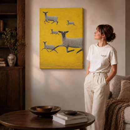 Gallery-wrapped leaping sheep canvas wall art hanging frameless on a beige wall beside a round coffee table.