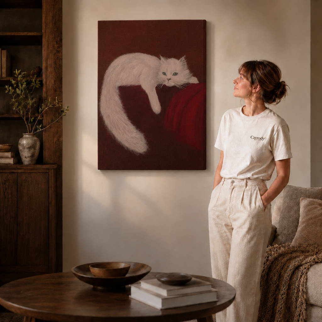 Gallery-wrapped white cat canvas wall art hanging frameless on a beige wall beside a round coffee table.