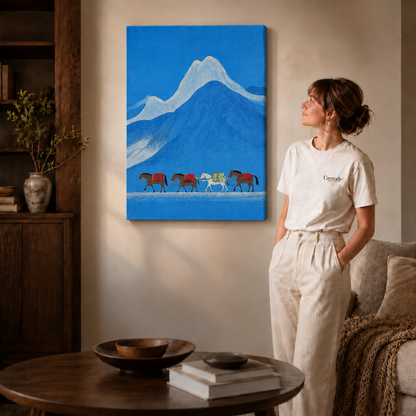 Blue mountain horse caravan canvas hanging above a wooden side table in a warm, cozy living room.