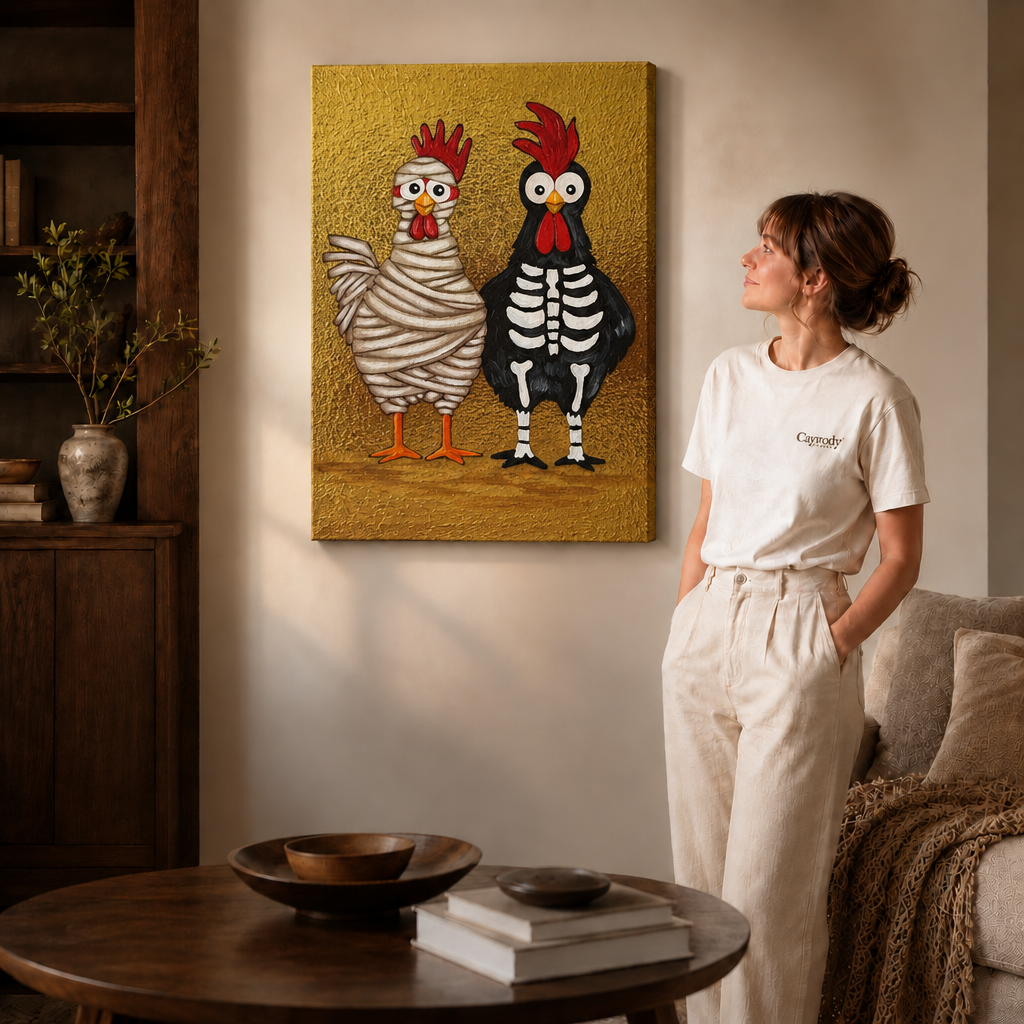 Portrait canvas featuring a bandaged chicken and a skeleton chicken adds quirky golden wall art to a relaxed interior.