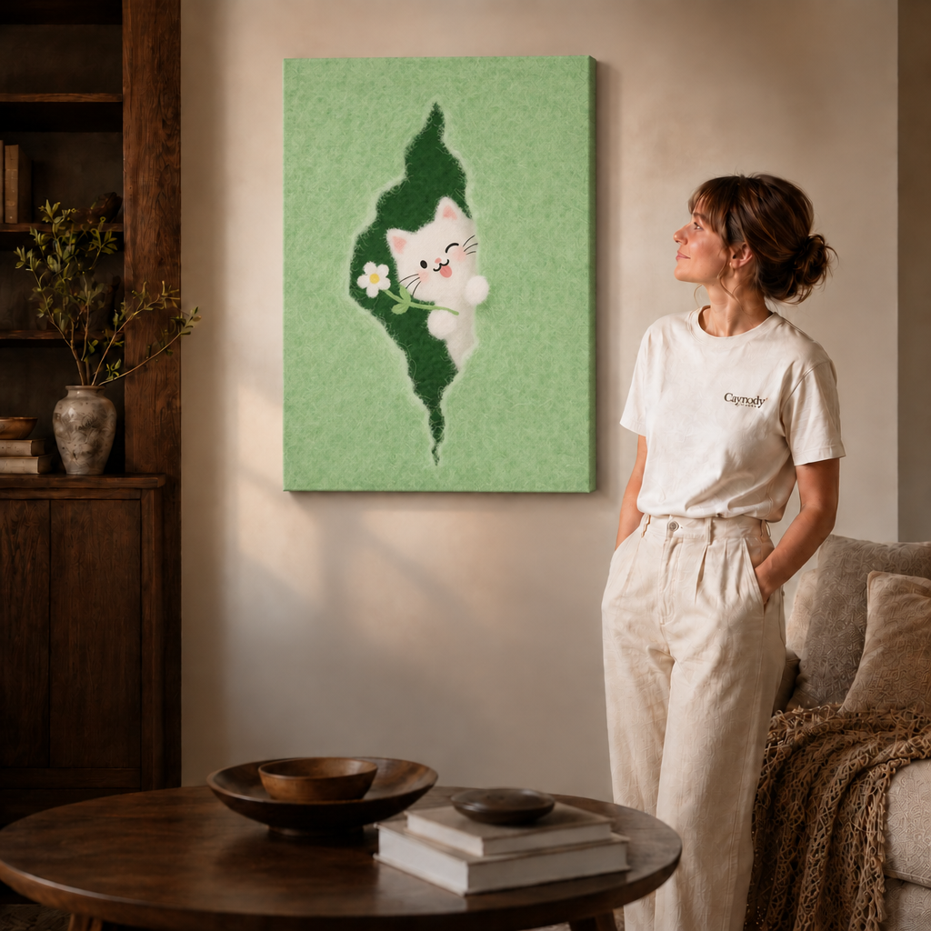 White cat canvas print on a gallery-wrapped canvas beside a woman in a bright living room.