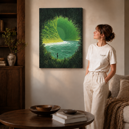 Gallery-wrapped green wave canvas wall art hanging frameless on a beige wall beside a round coffee table.