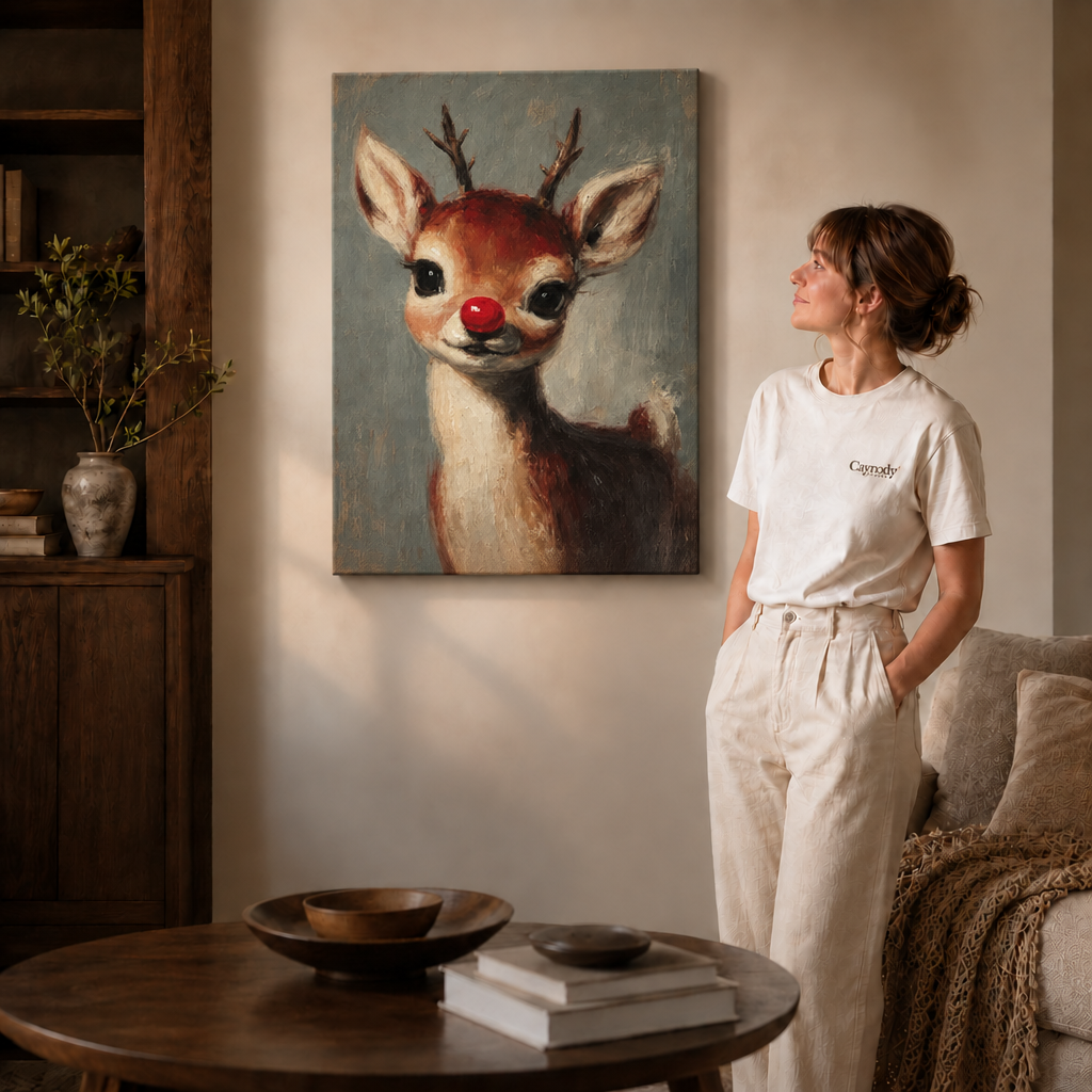 Gallery-wrapped canvas shows the full reindeer portrait with branching antlers, cream chest, and dark brown coat.