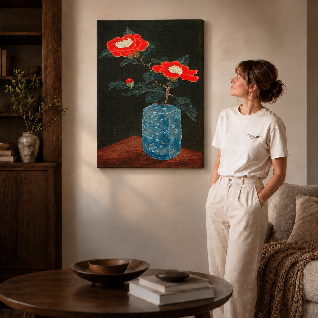 An unframed red camellia canvas wall art, gallery-wrapped canvas on a wall in a bright living room.
