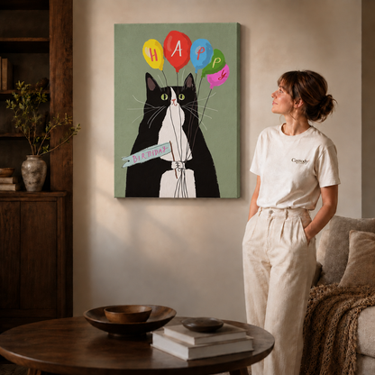 Gallery-wrapped birthday cat canvas features a black-and-white cat holding balloons against a soft sage background.