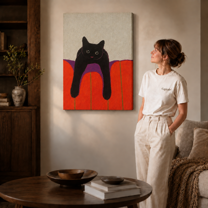 Woman standing beside an unframed black cat canvas wall art, gallery-wrapped canvas on a wall in a bright living room.