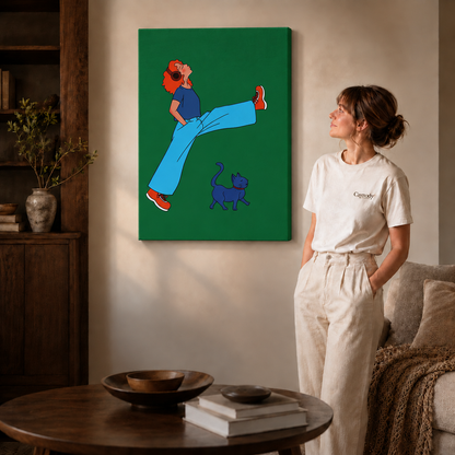 Gallery-wrapped headphones girl canvas wall art hanging frameless on a beige wall beside a round coffee table.