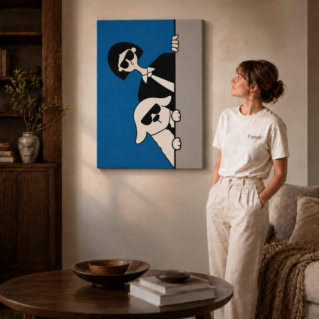 Gallery-wrapped pop art canvas of a woman and dog in sunglasses hanging frameless on a beige wall.