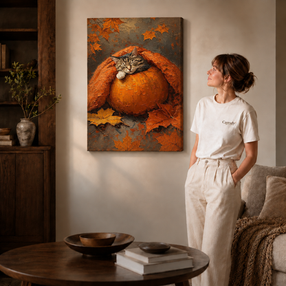 Autumn cat wall art styled above a wood cabinet beside a seated man in a study.