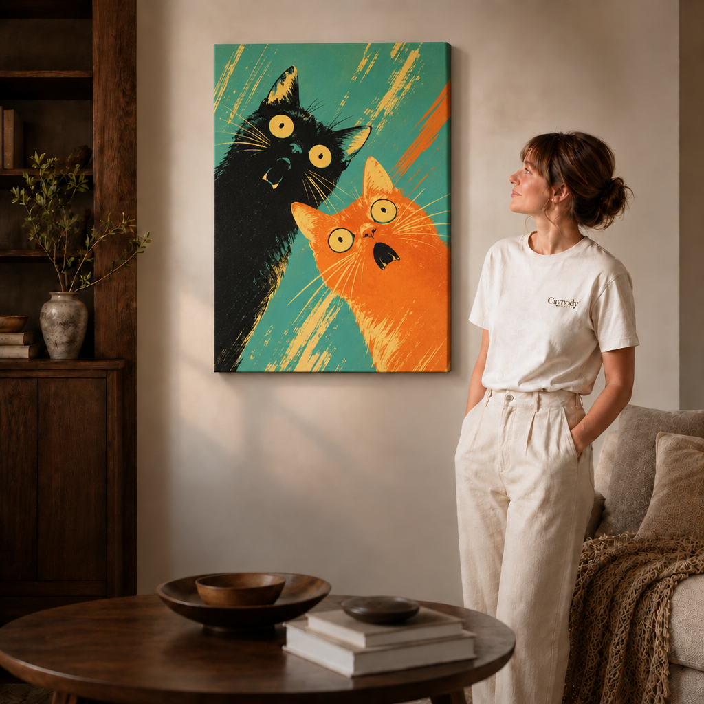 Gallery-wrapped pop art cat canvas featuring expressive black and orange cats, displayed as colorful wall art in a warm interior.