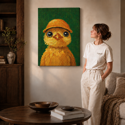 Black-framed chick canvas art beside a woman in neutral clothing in a softly lit room.