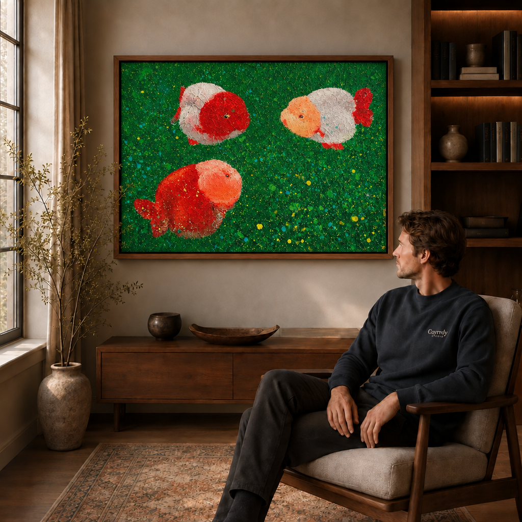 Man seated in a chair looking at goldfish canvas wall art in a wooden frame, warm living room with window light.