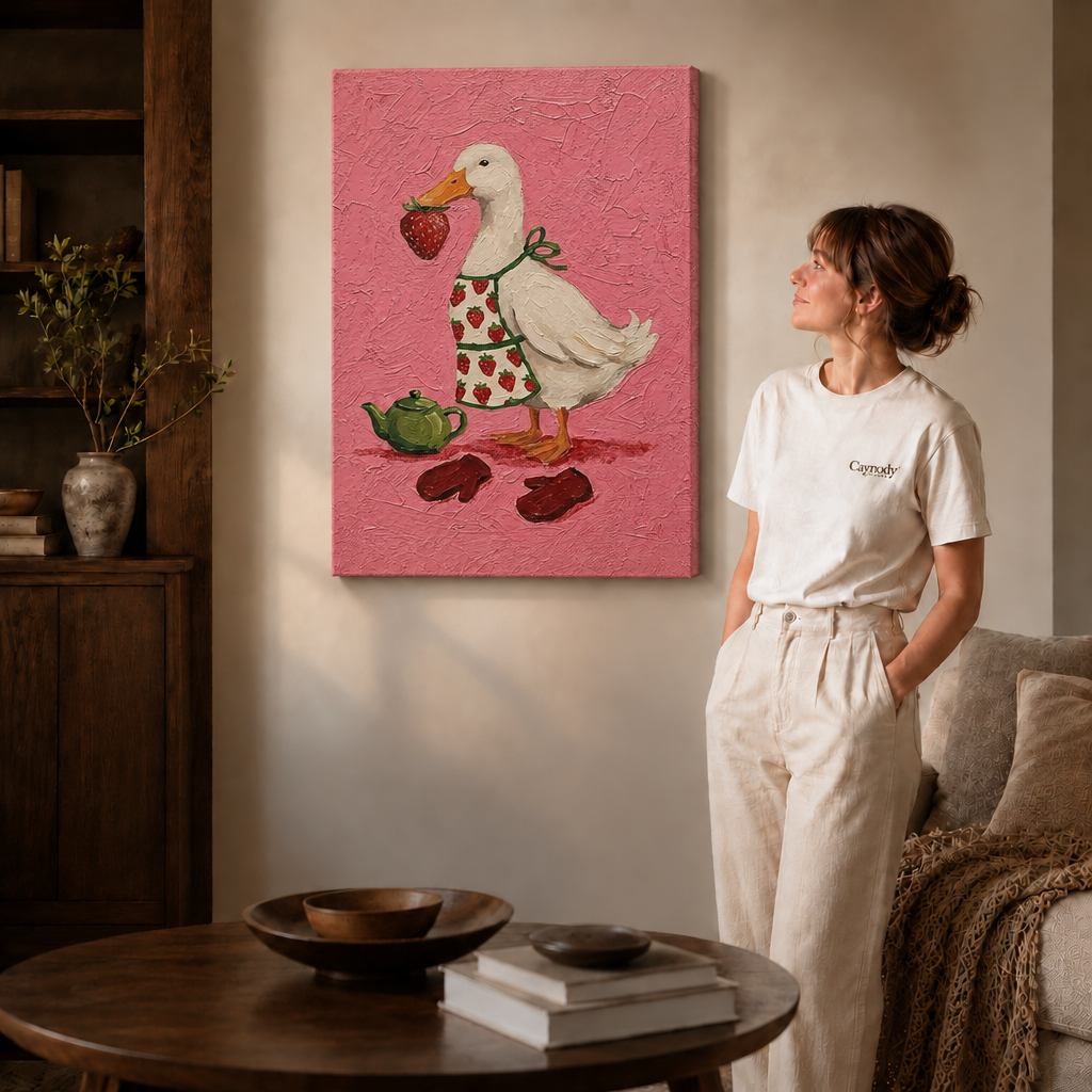 An unframed duck with strawberry canvas wall art, gallery-wrapped canvas on a wall in a bright living room.