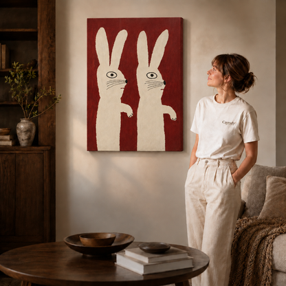 Gallery-wrapped white rabbit canvas wall art hanging frameless on a beige wall beside a round coffee table.
