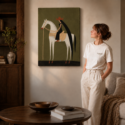 Stylized white horse wall art on an olive-green background displayed above a sofa.