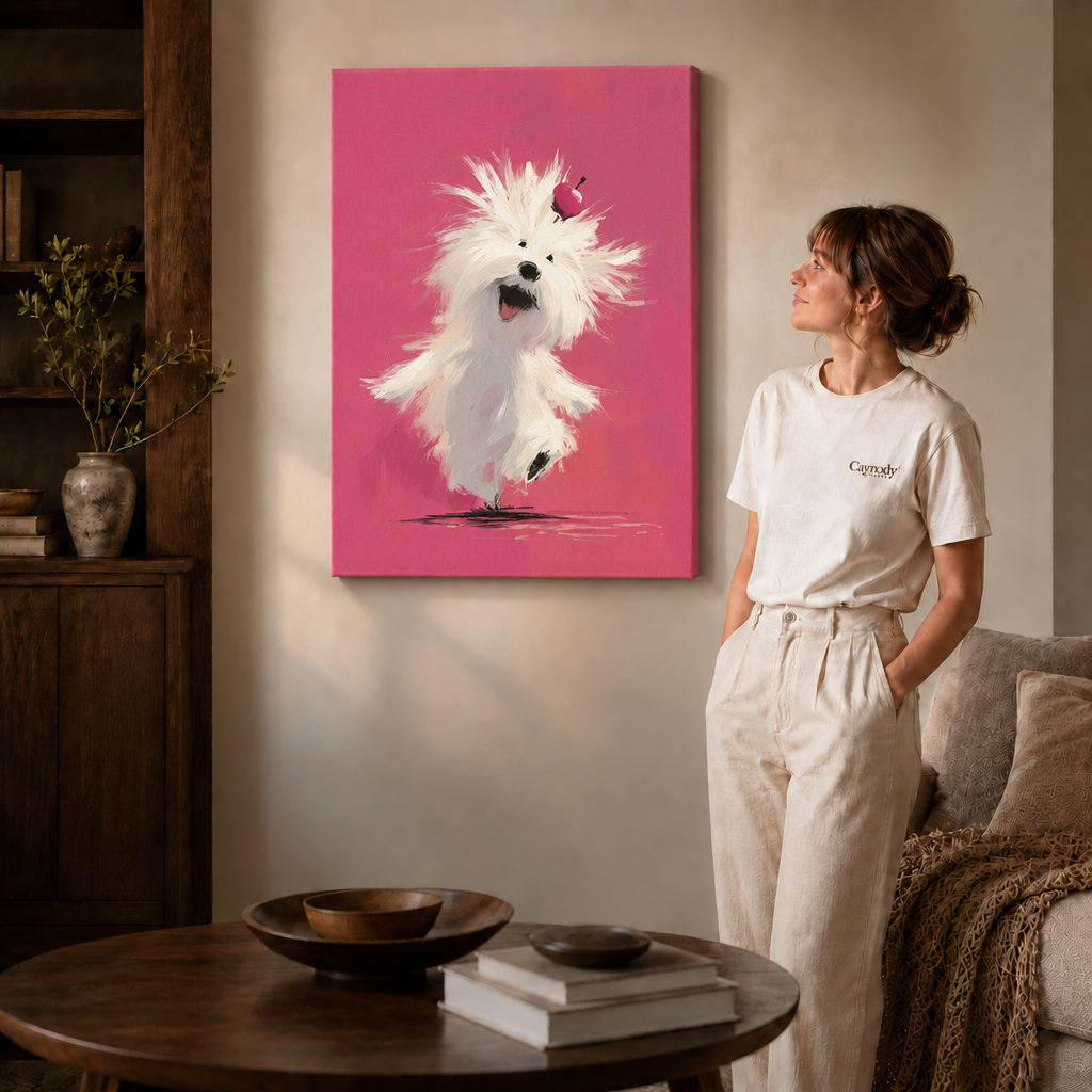 Fluffy white dog canvas print displayed beside a woman in a bright, neutral living room.