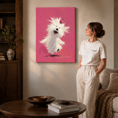 Fluffy white dog canvas print displayed beside a woman in a bright, neutral living room.