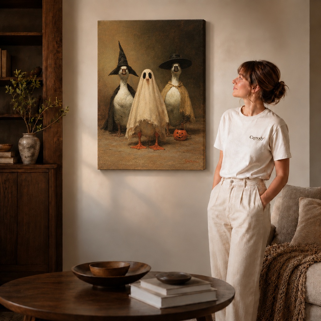 Whimsical duck Halloween artwork on canvas for cozy seasonal home interiors.
