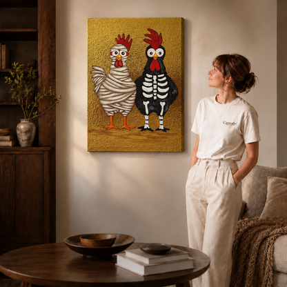 Portrait canvas featuring a bandaged chicken and a skeleton chicken adds quirky golden wall art to a relaxed interior.